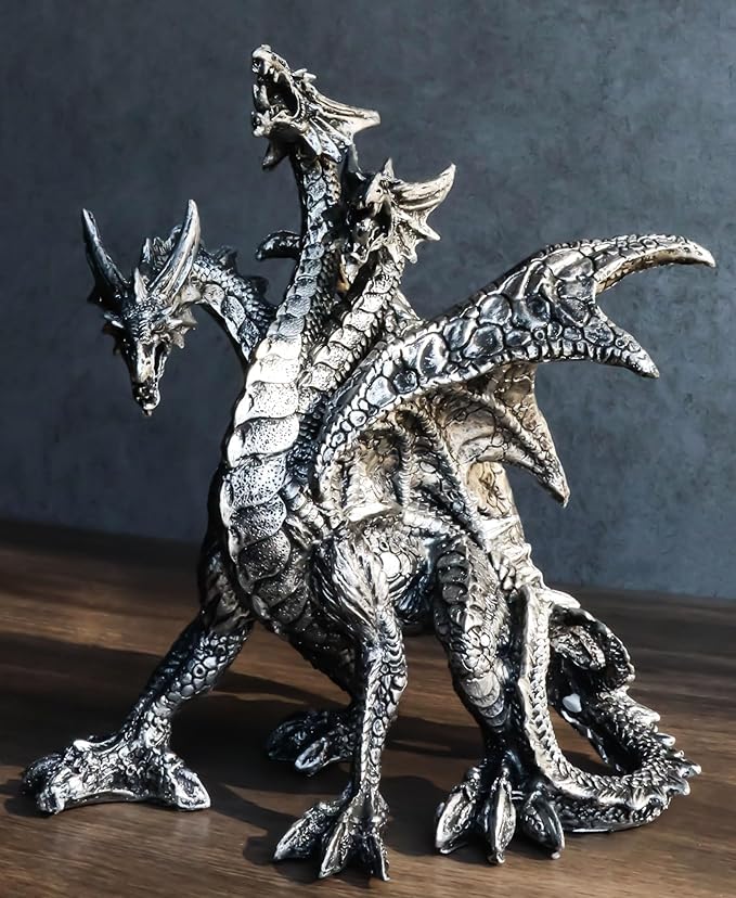 Ebros Ancient Legendary Three Headed Dragon Hydra Roaring Statue 8" Tall Dungeons Dragons Legends and Fantasy Decor Sculpture Medieval Renaissance Figurine Collectible (Gothic Silver)