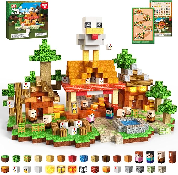 200 PCS Magnetic Blocks with Light Blocks - Magnet Building Blocks, Stacking Magents Cubes Toys Roast Chicken Store Theme, STEM Montessori Sensory Toys for Kids Boys and Girls Ages 3+ Birthday Gifts
