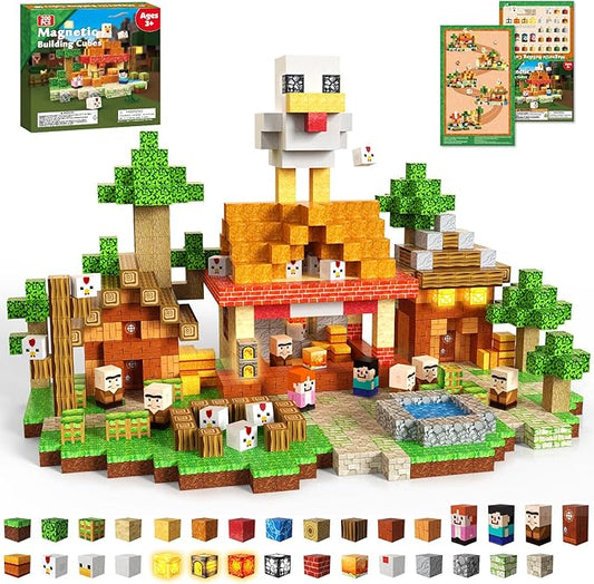 200 PCS Magnetic Blocks with Light Blocks - Magnet Building Blocks, Stacking Magents Cubes Toys Roast Chicken Store Theme, STEM Montessori Sensory Toys for Kids Boys and Girls Ages 3+ Birthday Gifts
