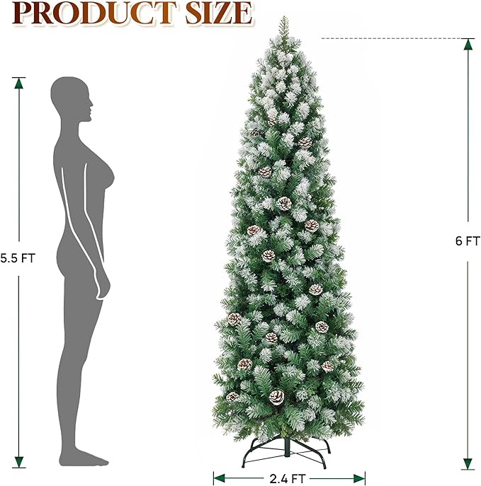 HOLLO STAR 6 ft Prelit Christmas Tree with 233 LED Lights, App Control, Slim Pencil Christmas Tree, Multi-Color RGBW Lights, 588 Flocked Frosted Tips, Xmas Tree, 51 Pine Cones, for Home, Party
