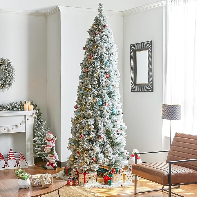 Glitzhome 9ft Prelit Christmas Tree, Flocked Pencil Artificial Christmas Tree with 500 Warm White Lights, Pine Christmas Trees w/Foldable Metal Stand for Home, Office, Party Decoration, Easy Assembly