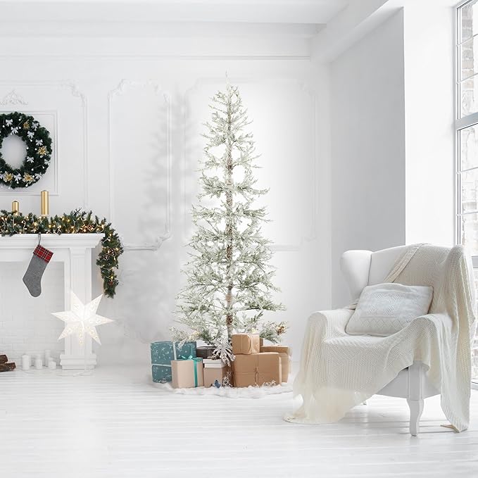 Casafield 7.5FT Pre-Lit Sparse Flocked Pine Artificial Holiday Christmas Tree, Warm White and Multicolored LED Lights with Sturdy Metal Stand