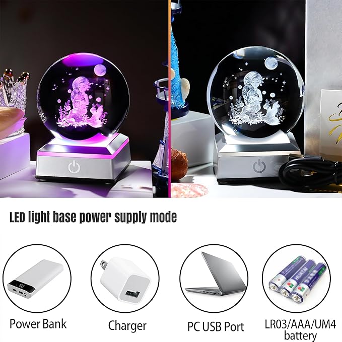 Ornalrist 3D Mermaid Crystal Ball Gifts for Women, Girls 3.15in with Colorful LED Light Base - Gifts for Kids on Birthday, Christmas, New Year - Mermaid Figurines Home Decor