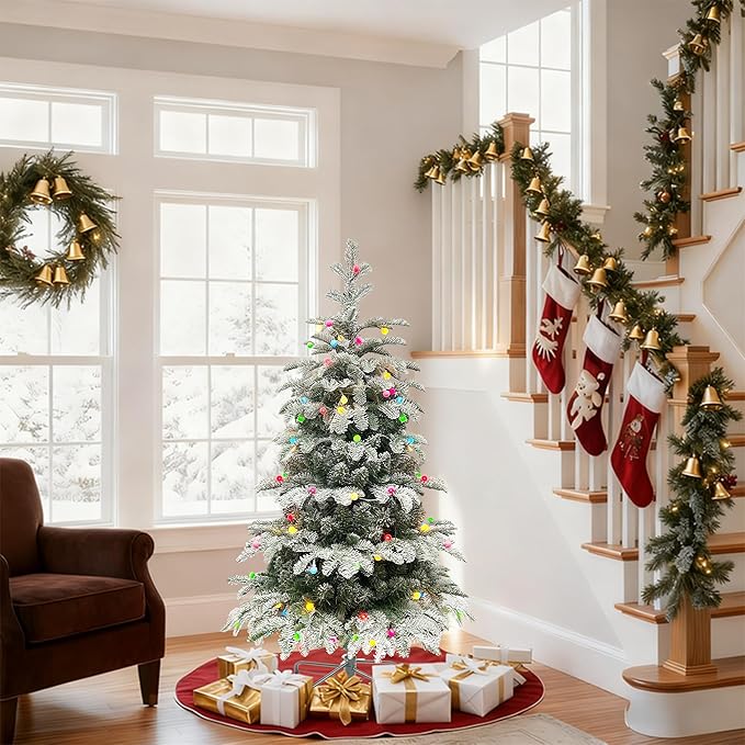 4Ft Pre-Lit Artificial Snow Flocked Christmas Tree, PE & PVC Mixed Layered Christmas Tree Hinged Tree with Lights and Metal Stand, Slim Xmas Tree for Holiday Decor