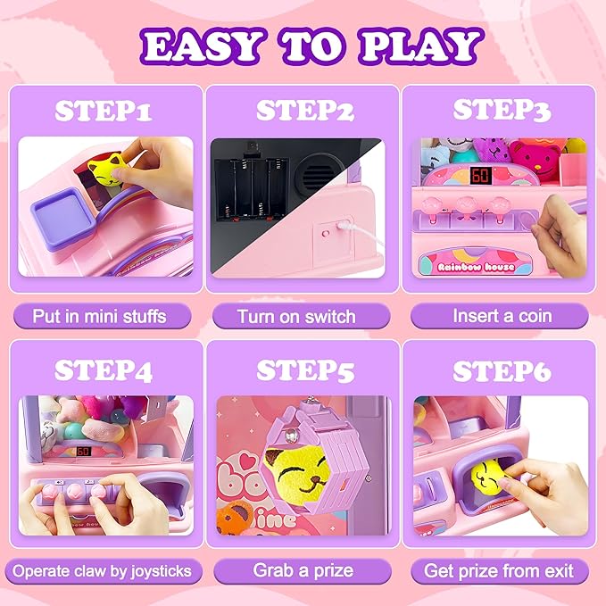 Mini Claw Machine for Kids | Girl Toys for Ages 8-13 Arcade Game Toy Claw Machine Electric Candy Vending Machine Toy with LED Lights & Adjustable Sound, Birthday Gifts for Girls Ages 4+, Pink