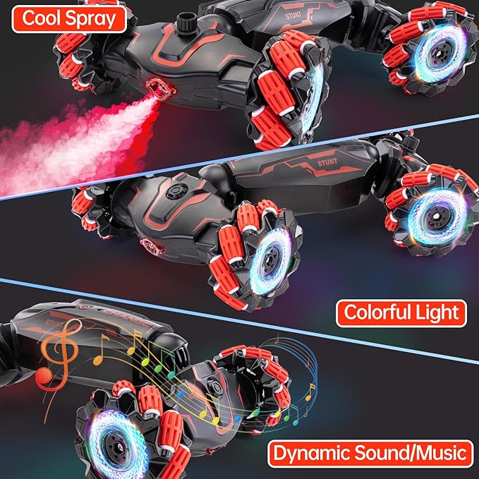 Gesture Sensing RC Stunt Car, 2.4 GHz 4WD Remote Control Car 360° Rotate Transform Off-Road Drift RC Cars with Cool Lights Music, Ideal Presents for Boys Girls for Birthday (Red)