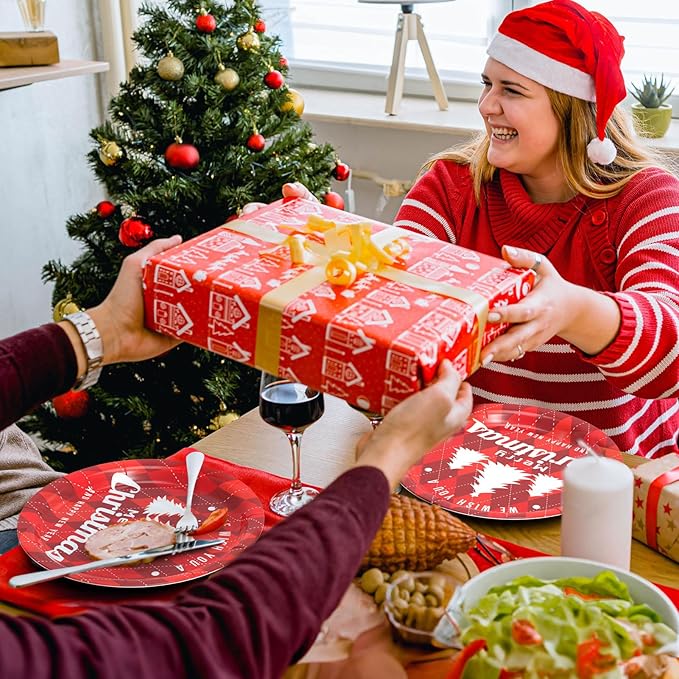 Gezond 200 Pcs Christmas Paper Plates and Napkins, Christmas Tree Red Plaid Disposable Plates, Incloud Dinner Plate Dessert Plate and Napkins for Holiday Party Supplies Serve 50