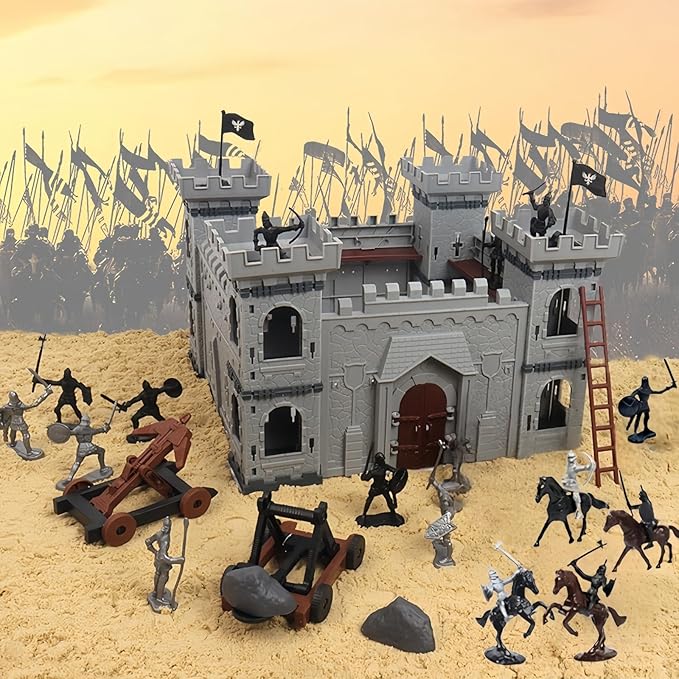 Medieval Castle Knight Toy Soldier Army Men Figurines, DIY Assembly Kit with Detachable Castle, 8 Knights, 8 Horses, 36 Soldiers, Simulated Siege War of Attack