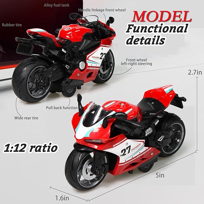 4-Pack Pull-Back Motorcycle Toys - Friction Powered Kids Toy Cars with Lights, Sounds & Automatic Drive for Boys & Girls Aged 3-12