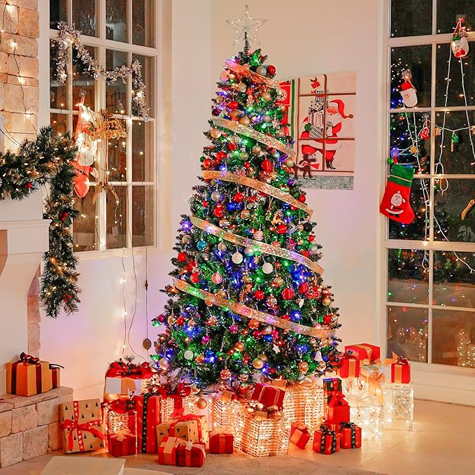 Hykolity 7.5' Pre-Lit Artificial Christmas Tree with 450 Changeable Color LED Lights, 1032 Tips, Easy Setup Hinged & Metal Base, 10 Modes