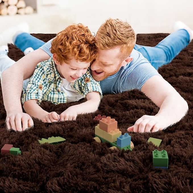 Ompaa Brown 8x10 Feet Large Area Rugs Fluffy Living Room Carpet, Wall to Wall Big Shag Coffee Rug for Bedroom Kids Playroom Classroom Nursery Home Office Decor