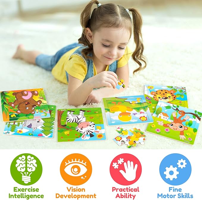 SYNARRY 6 Pack Wooden Jigsaw Puzzles for Kids Ages 3-5 Years Old, 9 Pieces Toddlers Animal Puzzles, Educational Preschool Learning Toys for Children Boys and Girls, Best Kids Puzzle Toys & Gifts