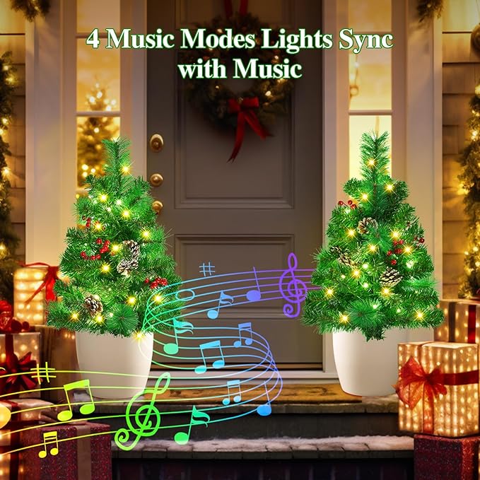 2 Pack of 28 INCH Pre-Lit Artificial Pathway Christmas Trees,Outdoor Christmas Tree for Porch,Yard,Driveway,Lighted Christmas Tree with Pine Cones,Red Berries and Red Ornaments Home Decoration