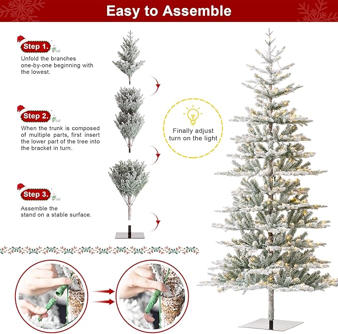 Glitzhome 8ft Prelit Christmas Tree, Artificial Christmas Tree with 450 Warm White Lights, Majestic Frostfall Fir Deluxe Flocked Christmas Tree w/1523 PE&PVC Branch Tips(Three Function)