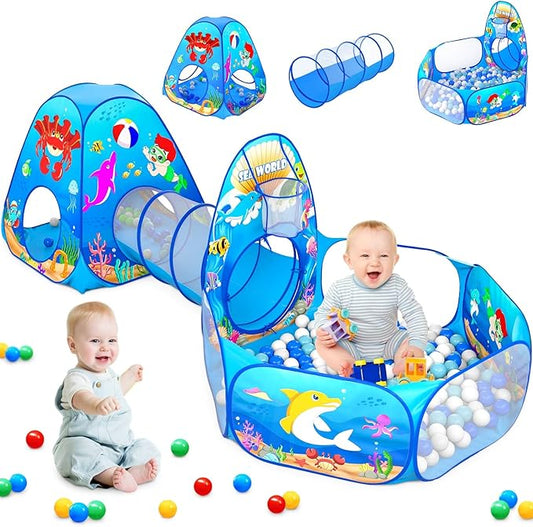 SISTICKER 3pc Kids Play Tent: with Baby Ball Pit and Crawl Tunnel - Toddler Pop Up Climbing Toys - Indoor Outdoor Playhouse - Gift for Year Old Boys Girls (Balls NOT Included)