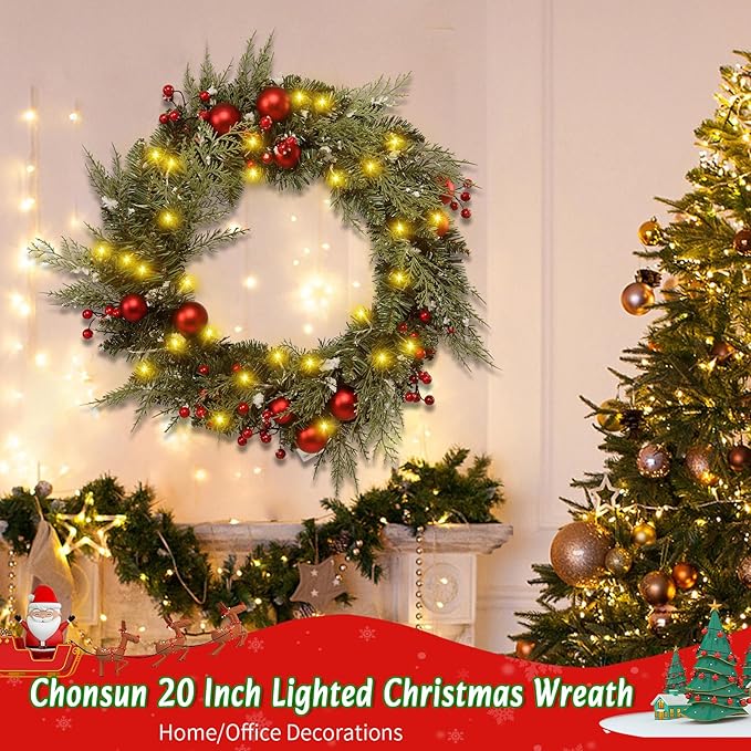 20" Large Christmas Wreath with LED Lights Winter Wreaths for Front Door or Wall Powered by 3AA Batteries for Indoor Outdoor Party Holiday Decorations