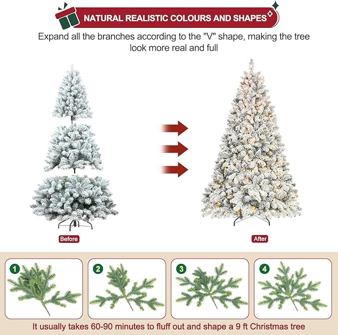Flocked Pre-lit Christmas Tree 7ft, Premium Christmas Tree with Lights - White Flocked Prelit Trees- Artificial Xmas Trees