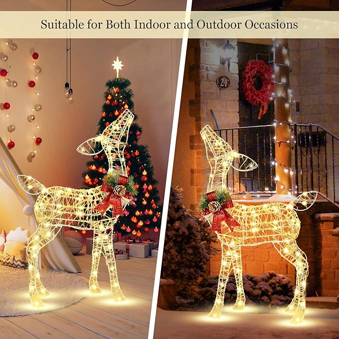 Tangkula Lighted Christmas Reindeer, Outdoor Yard Xmas Decorations with 50 LED Lights, Artificial Christmas Décor with Stakes and Zip Ties, Indoor/Outdoor Festive Holiday Decoration