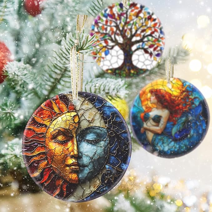 3.5 Inch Ceramic Christmas Tree Ornament, Sun and Moon Christmas Ornaments, Heirloom Keepsake, Gift Exchange, Gift Idea, Bauble Present