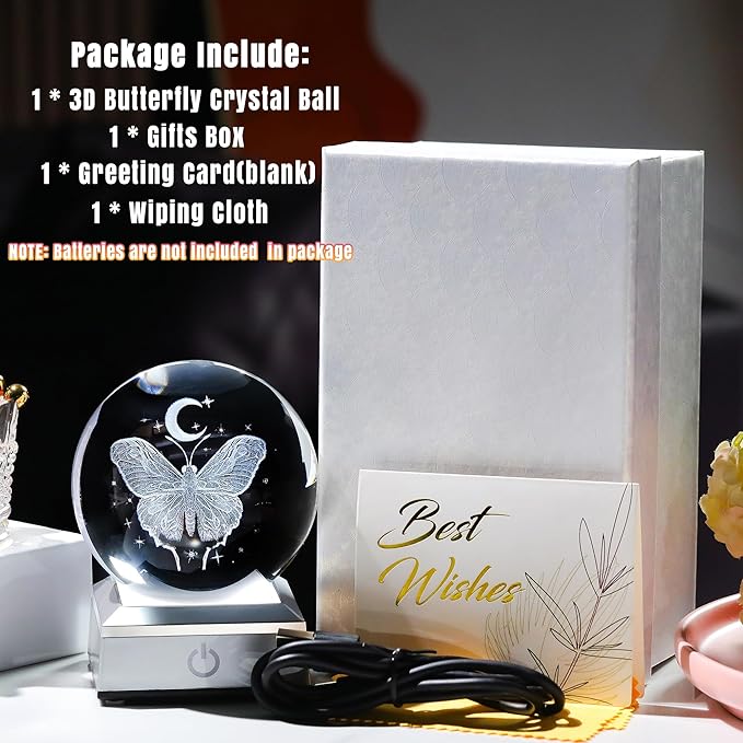 3D Crystal Butterfly Ball Gifts for Women, Gifts Ideas for Wife Mom Girlfriend Couple Her, Butterfly with Star Moon in Crystal Ball 3.15in with Colorful LED Light Base Home Office Decor