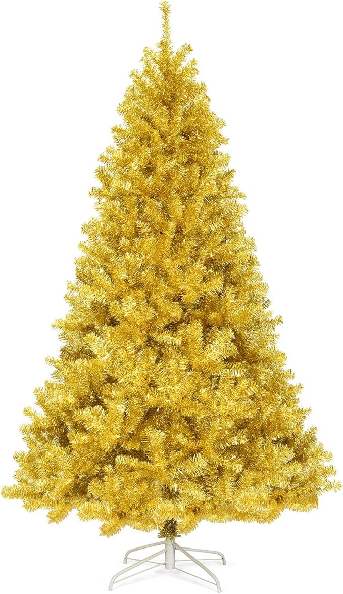 GOFLAME 7.5 FT Christmas Tree, 1036 Branch Tips, Artificial Tinsel Christmas Tree with Metal Stand, Artificial Hinged Christmas Tree for Indoor and Outdoor Holiday Decoration, Champagne Gold