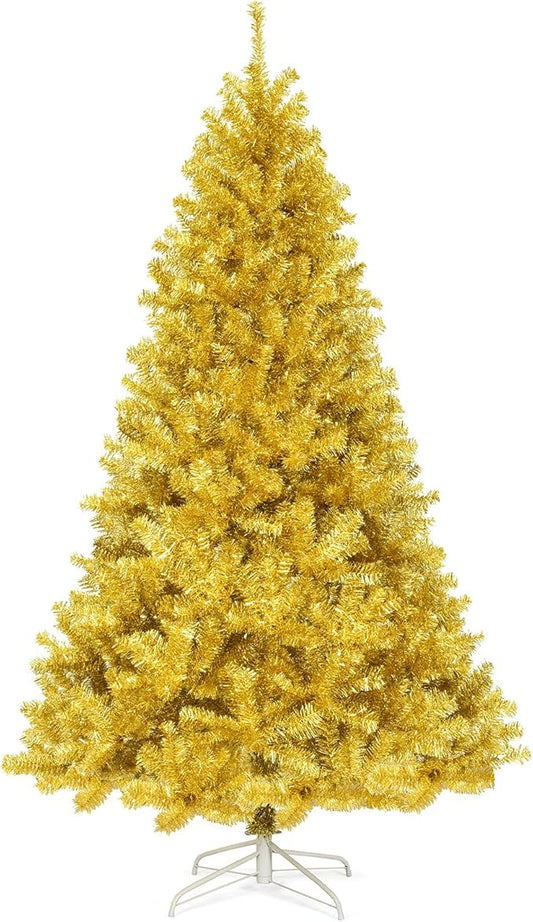 GOFLAME 7.5 FT Christmas Tree, 1036 Branch Tips, Artificial Tinsel Christmas Tree with Metal Stand, Artificial Hinged Christmas Tree for Indoor and Outdoor Holiday Decoration, Champagne Gold