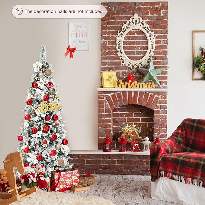 HappyGrill 6FT Skinny Pencil Christmas Tree with White Berries & Flowers, Hinged Artificial Tree with Metal Stand for Indoor/Outdoor