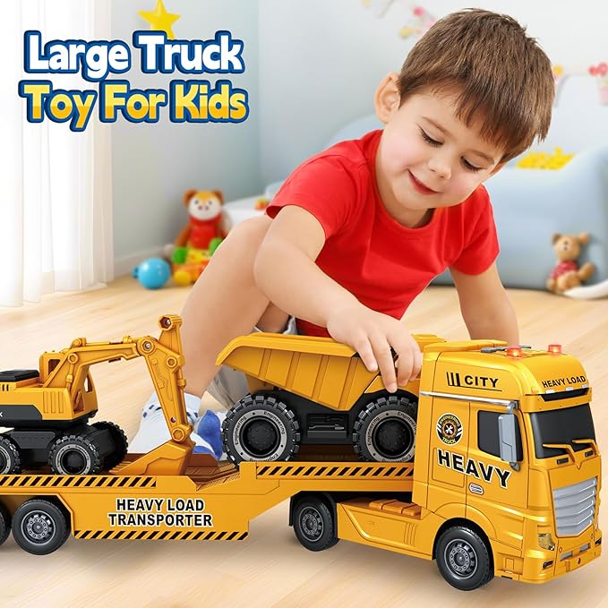 Toddler Boy Toys for 3 4 5 6 7 Years Kids, 25" Semi Construction Carrier Truck Toy with Excavator and Dump Truck, Friction Powered Toys with Lights and Sounds, Birthday for Boy Girls