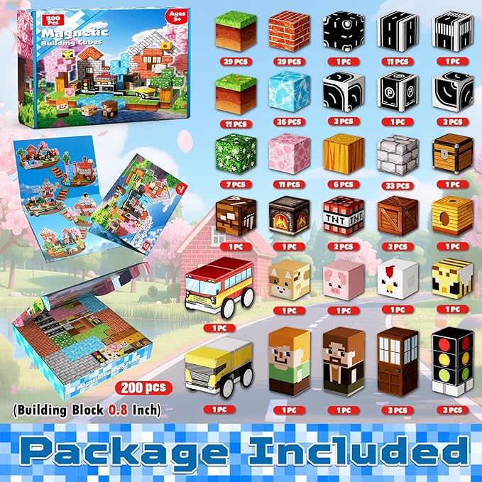 200 PCS Magnetic Blocks - Magnetic Building Blocks Cubes, Magnet Toys for Kids Age 3+, Toy Building Set for Kids, Magnets Stacking Construction Birthday Gifts for Boys Girls Age 4-8, 8-12