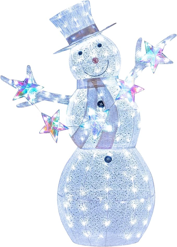 Tangkula 5 FT Christmas Lighted Snowman with Stars, Lighted Christmas Decoration with 140 Cold White LED Bulbs, Ground Stakes & Zip Ties Included, Xmas Festive Decoration for Indoor & Outdoor