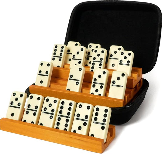 Queensell Dominos Set for Adults with 4 Domino Racks - Double 6 Dominoes Set with Domino Holder, Classic Board Games for Kids and Adults - Double Six Standard Dominos Set 28 Tiles with Travel Case
