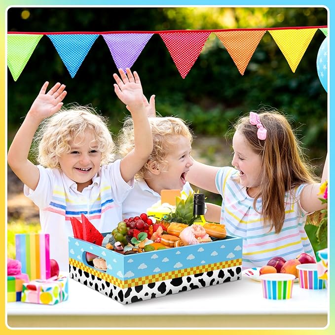 Cartoon Birthday Party Supplies Blue Sky White Clouds Theme Wooden Snack Tray Toy Party Baby Shower Supplies Reusable Snack Organizer with Handles for Decorations