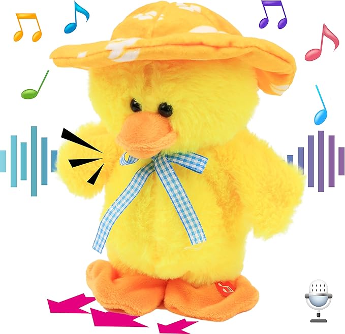 Hopearl Talking Singing Duck Toy Repeats What You Say Walking Duckling Electric Interactive Animated Toy Speaking Plush Buddy Gifts for Toddlers, Yellow, 8''