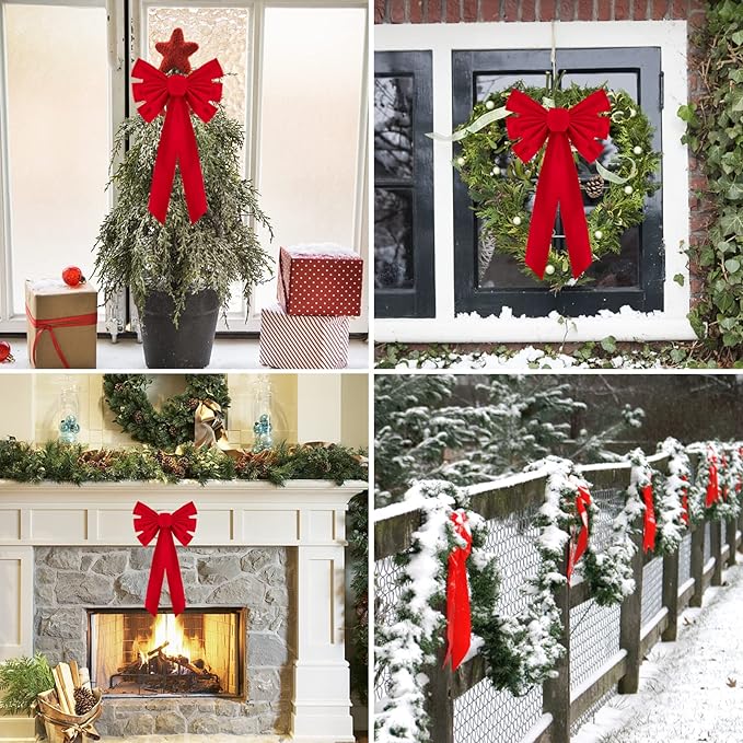 4 Pcs Medium Red Bows Christmas Tree Decor - 21"×9" Velvet Red Bows with Golden Tie, Easy Hanging for Window/Stairs/Porch/Gifts Warp/Party Supplies
