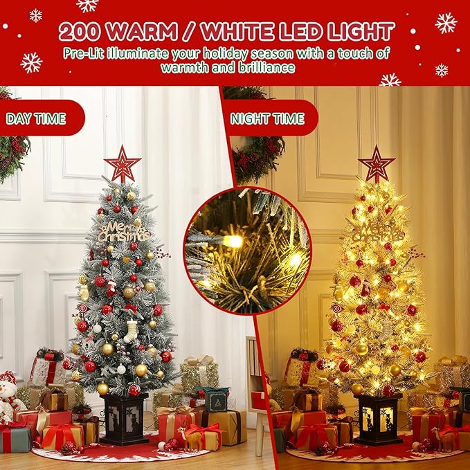 GarveeHome 4.5 ft Pre-Lit Flocked Artificial Christmas Tree with Pine Cones, Artificial Xmas Tree w/ 386 Branch Tips & 200 Lights, Snowman Base for Home, Party Decoration,2 PCS