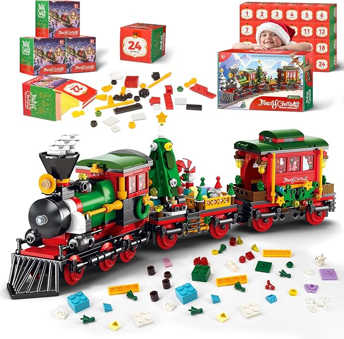 Advent Calendar 2025 Kids 6+ Teen Girls Boys Christmas Train Toys Building Block Sets 24 Days Christmas Gifts Countdown Calendar Christma Holiday Decor Train Building Kits for Tree Village Table