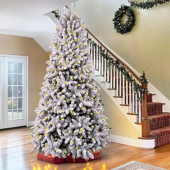 7.5 ft Flocked Christmas Tree Prelit, Include Premium Stand & Storage Bag, 798 Warm & Multi-Color Automatic Lights, 3-Minute Quick Power Connect, 1869 PVC Branch Tips for Indoor Holiday Decorating