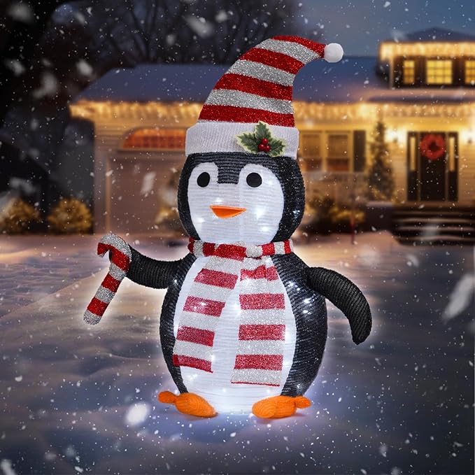 Christmas Standing Lighted Penguin Decoration, Battery Operated Light-Up Christmas Decorations for porches, lawns, Yards, Indoor and Outdoor