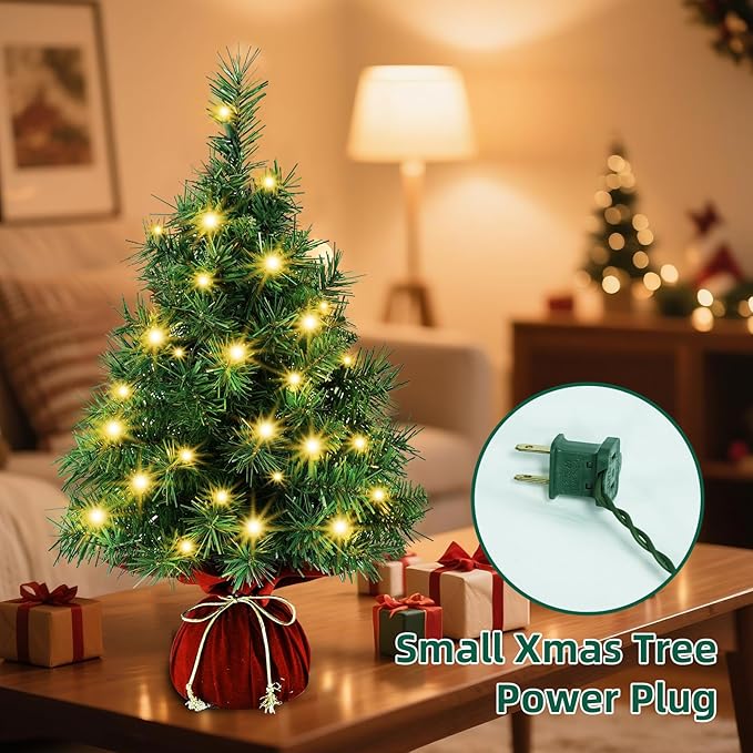 Pre-Lit Mini Christmas Tree with Lights, Red Velvet Cloth Base, Artificial Desktop Xmas Tree Small Space Holiday Decoration