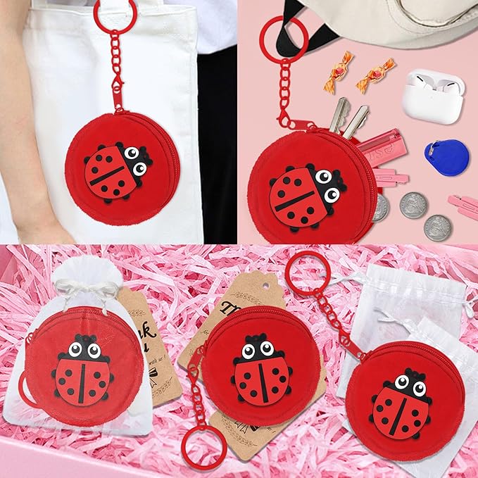 15 Pack Ladybug Mini Coin Purse with Keyrings for Ladybug Themed 1st Women Girls Birthday Insect Baby Shower Party Decoration,Red