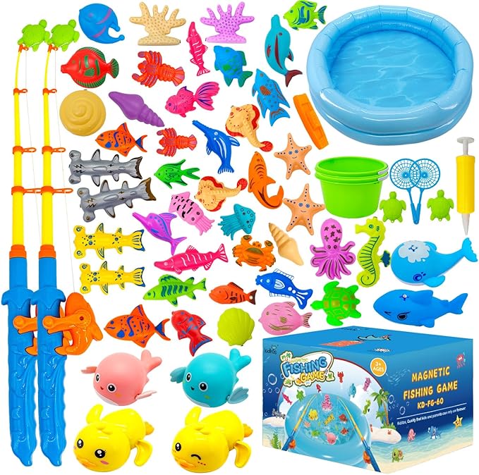 Kiditos 60PCS Magnetic Fishing Bath Game Set, Swimming Fish for Bathtub, Water Table Toys for Toddlers Kids Age 3-6, Pool Toys for Pretend Play, Education Teaching & Learning Colors