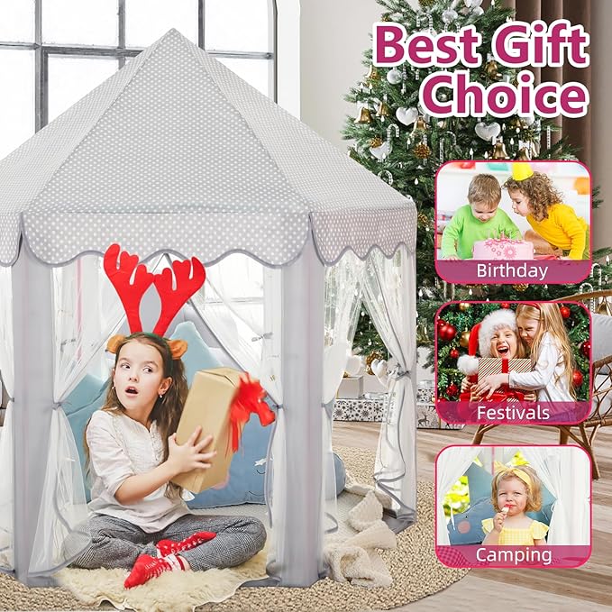 Monobeach Princess Tent Girls Large Playhouse Kids Castle Play Tent with Star Lights Gift Toy for Children Indoor and Outdoor Games, 55'' x 53'' (DxH) (Grey)