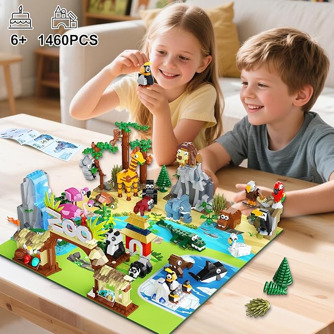 HOGOKIDS 25 Animals Zoo Building Set with Play Mat - 8 Pack Zoo Scene modules Building Blocks Toy for Party Favors Goodie Bag Classroom Prizes Fillers Birthday Gifts for Kids Boys Girls 6+ (1460PCS)