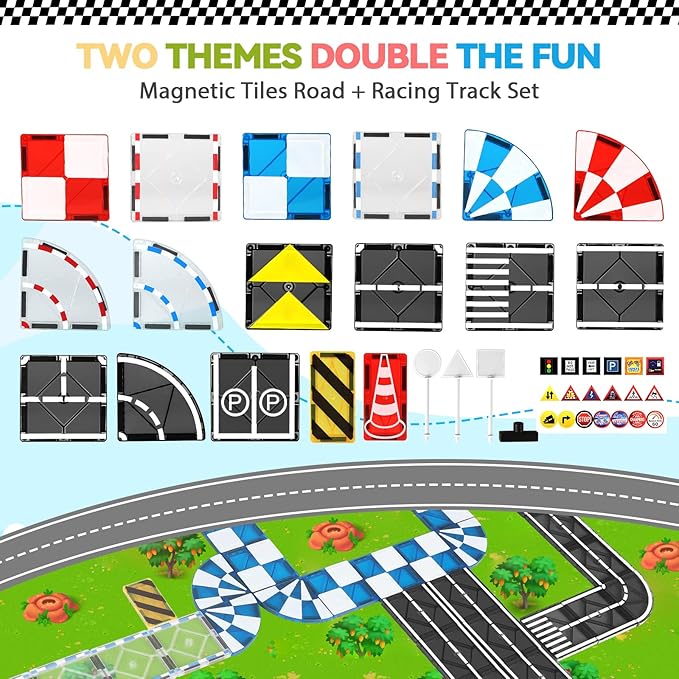 Magnetic Tiles Road Set, Magnetic Blocks Building Toys for 3+ Year Old Boys Girls, Magnet Construction Toys Preschool Educational Kids Magnet Tiles for Toddlers 3-5 4-8 (Magnetic Tiles Racing Track)