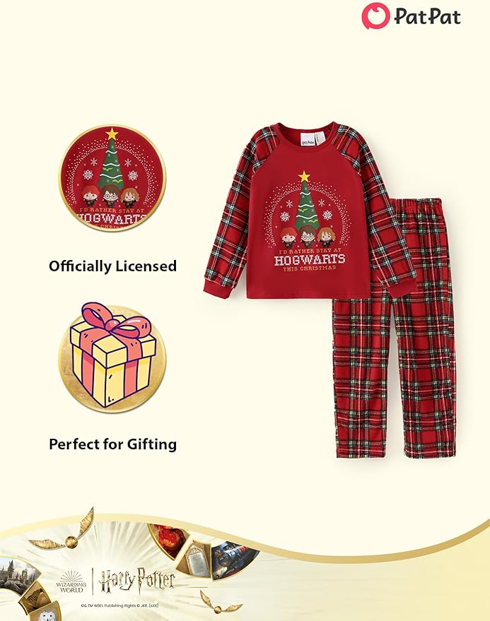 Harry Potter Pajamas Gryffindor Hufflepuff Slytherin Ravenclaw Hogwarts Crest Long Sleeve Shirt and Plaid Pant for Big Kid