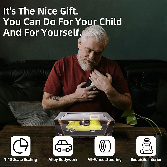 1955 Ford Thunderbird 1/18 Scale Die-Cast Metal Model Premium Classic Vintage Alloy Cars with Display Case, with Opening Doors, Best Gift for Men, Dad & Kids 14+ Years (Yellow)