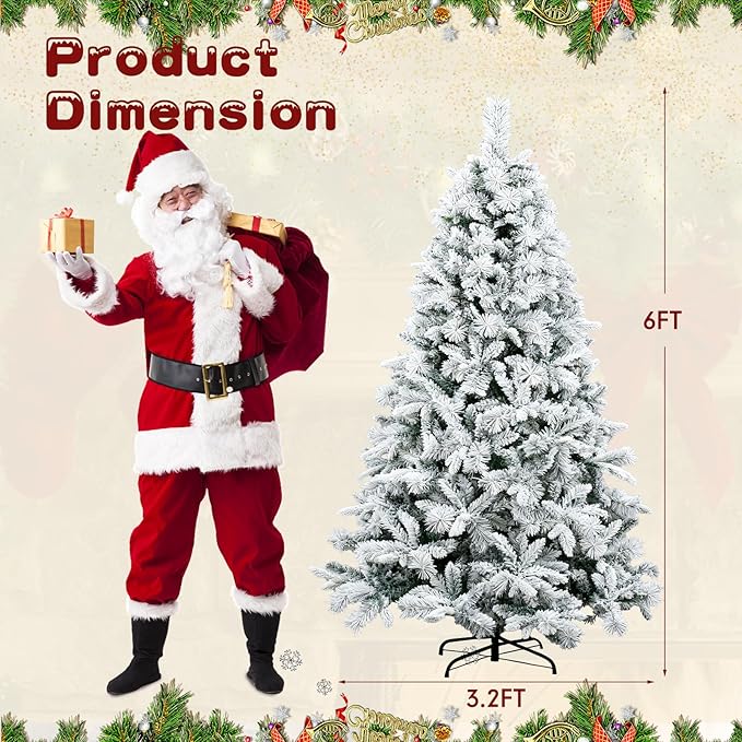 6Ft Prelit Christmas Tree,Snow Flocked Artificial Hinged Holiday Christmas Pine Tree,Xmas Tree w/400 LED Lights and 1200 Snow Flocked Branch Tips for Home,Office,Party Decoration