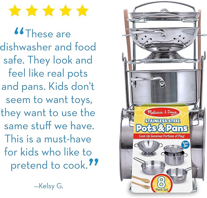 Melissa & Doug Stainless Steel Pots and Pans Pretend Play Kitchen Set for Kids (8 pcs)