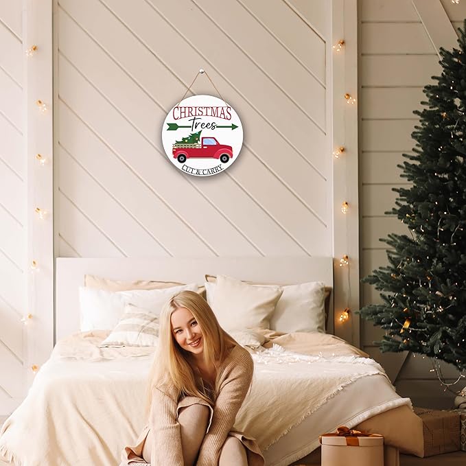 Rustic Christmas Tree Hanging Decorations, 10 Inches Farmhouse Decorative Wooden Plaque with Jute Rope for Door Wall Shelf Decor, Winter New Year Gifts-MBA14