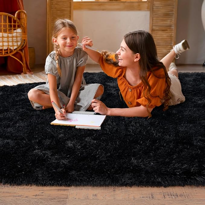 5'x7' Super Fluffy Rug for Bedroom, Modern Shag Black Area Rugs, Soft and Cozy Plush Large Carpet for Kids, Girls Boys and Teens Decorations for Living Room Dorm Nursery Classroom, Black